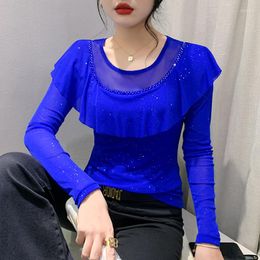 Women's T Shirts European Clothing Beading Mesh T-shirt Women Sexy Ruffles O-neck Tops Shiny Diamond Long Sleeve Elastic Tee Autumn