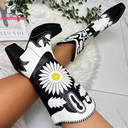 Boots Aminugal Cowboy Floral Ankle Boots PU Leather 2023 Brand New Embroidery Heeled Women Shoes Cowgirls Western Booties Big Size 43 T230824