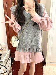 Work Dresses Sweet Girls Pink Shirt Grey Knit Vest Two Piece Suits 2023 Spring Summer Cute Long Sleeve Short Mini Dress 2 Pieces Sets