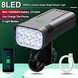 Bike Lights 8LED 30000LM Ultra Bright Bicycle Light USB Rechargeable LED Bike Headlight Waterproof Bike 10000mAh Powerful Led Flashlight 230824