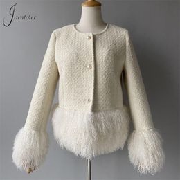 Women's Wool Blends Jxwatcher Women's Wool Coat with Real Mongolian Sheep Fur Autumn Winter Style Ladis Elegance Short Tweed Jacket Female 230824