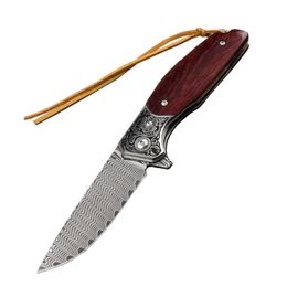 H8244 Flipper Folding Knife VG10 Damascus Steel Drop Point Blade Rosewood Handle Outdoor Camping Hiking EDC Pocket Folder Knives with Leather Sheath