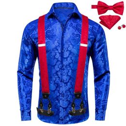 Men's Dress Shirts Hi-Tie Royal Blue Silk Mens With Braces Bowtie Hanky Cufflinks Suspender Long Sleeve Shirt Jacquard Male Wedding Business