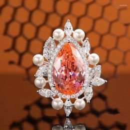 Cluster Rings 2023 S925 Silver Imported High Carbon Diamond Sunset Orange 11 15 Water Drop Embedding Pearl Ring For Women