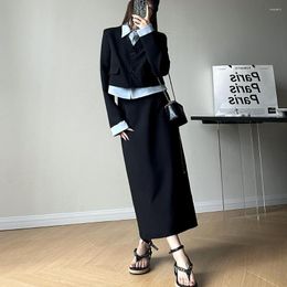 Two Piece Dress Casual Vintage Korean Style 2023 Autumn Women Blazer Suit 2 Set Office Elegant Short Tops And High Waist Long Skirts Black