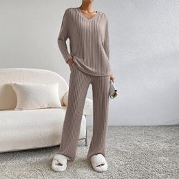 Women's Two Piece Pants 2 Set For Women Solid Color Knit Lounge V Neck Tops Full Length Trouser Vintage Fashion Loungewear Running Hiking