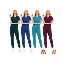 Womens Two Piece Solid Colour Spa Threaded Clinic Work Suits Tops Uni Scrub Pet Nursing Uniform D Dhxrq Drop Delivery Dhb1L