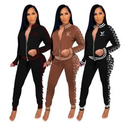 designer Tracksuit Women Two Piece Set Zipper Holes Long Sleeve Sweatshirt Top and Pants Sports Jogging Suit