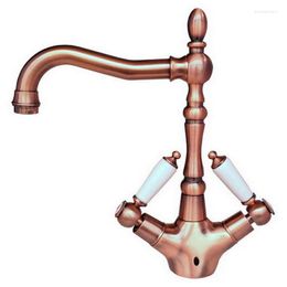 Kitchen Faucets Antique Red Copper Bathroom Vessel Sink Mixer Tap Faucet Swivel Spout Dual Ceramics Handles Arg001