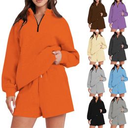 Gym Clothing Women 2 Piece Outfits Sweatsuit Oversized Half Zip Collared Sweatshirt & Short Set Summer Cover Up Bathing Bikini Suits