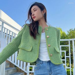 Women's Jackets For Green Tweed Women 2023 Luxury Designers Autumn Winter Clothes Korean Fashion O-neck Short Wool Coat Mujer