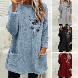 Women's Hoodies Women Winter Sweatshirt Flower Print Thicken Plush Long Sleeves Cold-proof Mid Length Fall