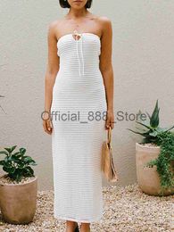 Women's Summer Long Bandeau Dress Elegant Knitted White Sleeveless Off Shoulder High Split Tube Top Dresses Boho Beachwear x0825