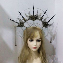 Punk Spiked Crown Headpiece Gothic Lolita Queen Goddess Cosplay Baroque Rose Flower Halo Headband Dragon Skull Hair Accessories