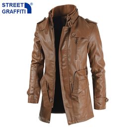Men's Jackets Men Winter Long Thick Fleece PU Leather Jacket Mens Streetwear Casual Business Clothing Pocket Coat Outwear 230824