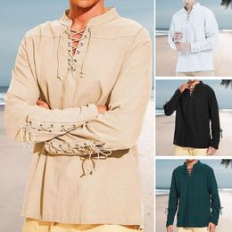 Men's Casual Shirts Men Shirt Retro Stand Collar V-Neck Lace-up Tops Loose Long Sleeve Bandage Cuffs Solid Colour Punk Style Pullover Top