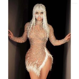 Stage Wear Sparkly Rhinestone Pearl White Fringe Mesh Short Dress Bar Birthday Celebrate Outfit Women Performance Latin Dance Costume