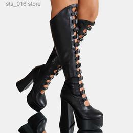 Boots RIBETRINI Punk Gothic Chic Platform Knee High Boots For Women Buckle Blcok High Heels Cosplay Halloween Long Designer Shoes T230824