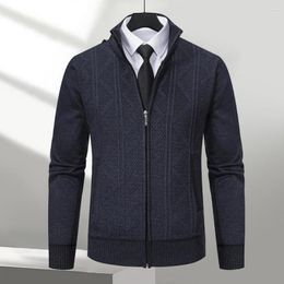 Men's Sweaters Wave Pattern Knitting Coat Men Knit Sweater Stylish Winter Cardigan With Stand Collar Zipper Placket Pockets