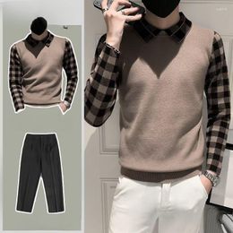 Men's Tracksuits 2023 Spring Autumn Fashion Two Piece Sets Male Korean Slim Plaid Sweater Tops And Suit Pants Men Streetwear Suits P240