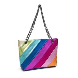 Women's Bag Colour Contrast Stitching Chain Crossbody Bag Rainbow Handheld Shoulder Bag 230815