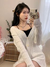 Casual Dresses 2023 Korean Version Of Warm Milk White Twist Cardigan Dress Sweater Women Loose Outer Wear Autumn And Winter Knitted