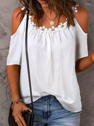 Women's Blouses Women Cute Appliques Blouse Casual Summer Short Sleeve Shirt Plain White Loose Fit Cold Shoulder Tops Flower Decoration