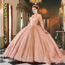 Rose Gold Sequins Quinceanera Dresses Off the Shoulder Pleats Sweet 15 16 Birthday Ball Gown Custom Made 2024