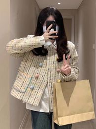 Women's Wool Blends Vintage Colour Weave Tweed Jacket Women French O Neck Slim Ladies Double Breasted Korean Coat Chic Autumn Long Sleeve Outwear 230824