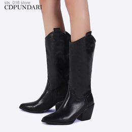 Boots Black White Western Cowboy Boots Women High Heels Boots Ladies Spring Autumn Calf Boots Shoes Botas Cowboy Mujer T230824