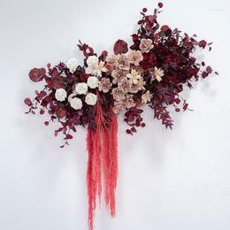 Decorative Flowers Retro Deep Red Rose Eucalyptus Plant Vine Flower Row Wedding Backdrop Decor Wall Hanging Floral Arrangement Event Party