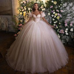 Elegant Court Tulle Wedding Dress Shine Sweetheart Off The Shoulder Bridal Gowns Brush Train Robe Vestido De Noiva Customised D-H232792