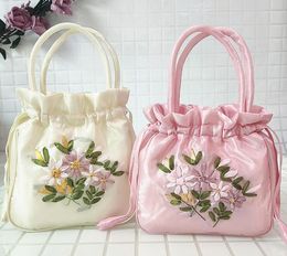 Party Favour Embroidered Drawstring Bag Women Ethnic Style Flower Handbag Bucket Bag Phone Bag Purse Female Chinese Style Handle Shopping Bag