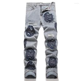 Men's Jeans Style Punk Blue Ripped Tape No Elastic Loose Mid-waist Straight Leg Street Fashion