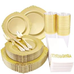 Disposable Dinnerware Cutlery Baroque Plastic Plate Silverware Cup Napkin Combo Set Wedding Birthday Party Decorations 10 Guests 230825