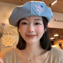 Berets Retro Denim Fashion Love Sticker Embroidery Spring And Autumn Japanese Simple Show Face Small Casual Painter Hats Woman