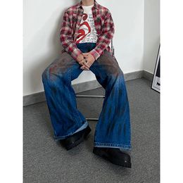 Mens Jeans Harajuku Hip Hop Tiedye Y2K Baggy Blue Pants Men Women Denim Punk Rock Wide Leg Flared Mopping Trousers Streetwear 230824