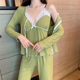 Women's Sleepwear Fdfklak Fresh Candy Colour Cotton Pyjamas Women Sexy Long Sleeve Shirt Sling Pant Three Piece Set 2023 Spring Homewear