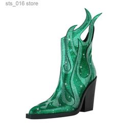 Boots New Women's Rhinestone Flame Ankle Boots Fashion Square Head High Heels Western Boots Party Dress 43 Large Short Boots T230824