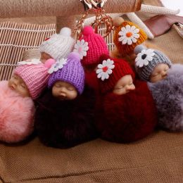 Cute Sleeping Baby Doll Keychain Pompom Helmet Rabbit Fur Ball Carabiner Key Chain Keyring Key Holder Bag Pendant key Ring Gift ZZ