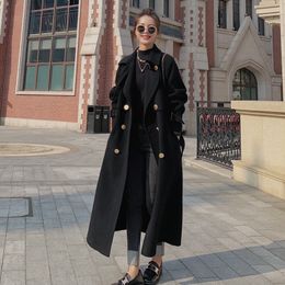 Womens Wool Blends Fashion Black Woollen Coat Autumn And Winter Loose Doublebreasted Temperament Medium Long Women 230824