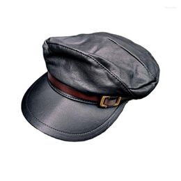 Berets Genuine Leather Fisherman Cap Motorcycle Military Style Flat Top Hat Male Female