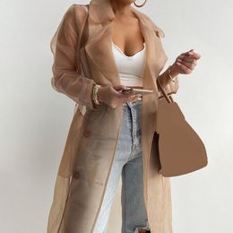 Women's Trench Coats Women Fashion See Through Outdoor Tops Lace Up Spring Solid Sheer Mesh Long Sleeve Buttoned Coat With Belt Elegant Shirts 230824