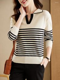 Women's Sweaters Striped Sweater For Women Pullover Polo Neck Loose Long Sleeve Knitted Pull Femme Vintage Womens Winter Clothes 2023