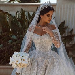 Elegant Shine Crystal Wedding Dress New Off The Shoulder V-Neck Bridal Gowns Brush Train Robe Vestido De Noiva Size Customised D-H232797