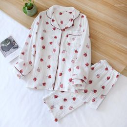 Women's Sleepwear Autumn Pajamas Set Print Crepe Cotton Double-layer Gauze Turn-down Collar Long-sleeve Trousers Household Wear