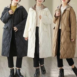Women's Trench Coats Winter Women Oversize Rhombus Pattern Long Hooded Parkas Pocket Female Warm Cotton Overcoat Single Breasted Outwears