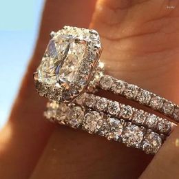 Cluster Rings Modern Fashion Geometric Square Cubic Zirconia 3Pcs Set Women 2023 Trendy Wedding Party Luxury Jewelry