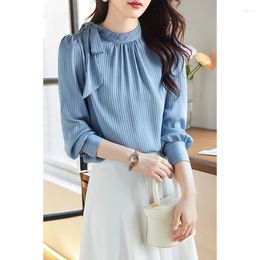 Women's Blouses 2023 Spring And Autumn Tie Shirt Professional Style Blue Striped Chiffon Long Sleeve Top