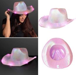 LED White Light Up Space Cowboy Hats Neon Cowgirl Hat Holographic Rave Fluorescent Hats With Adjustable Windproof Cord For Halloween Costume Accessories SN4456